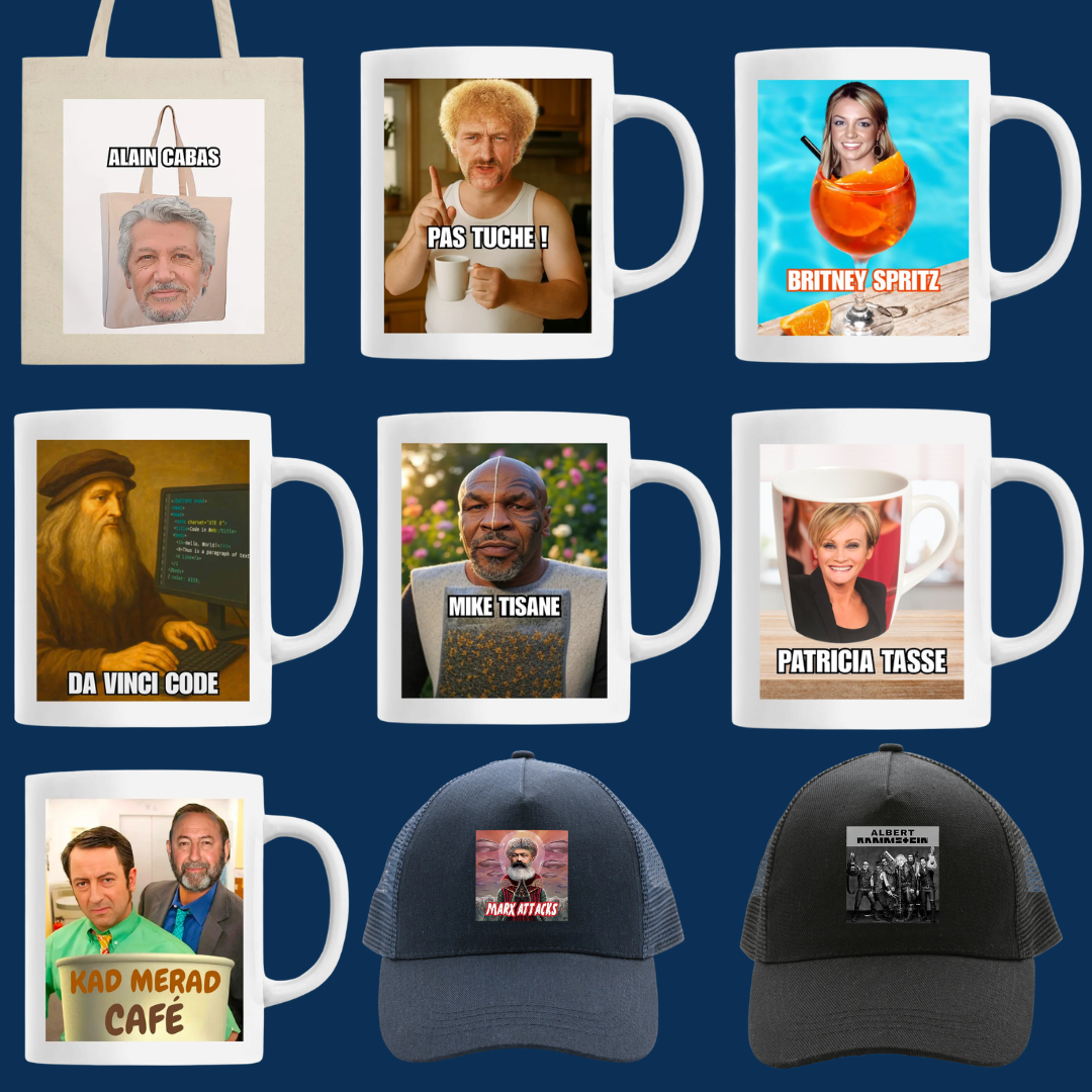 Accessoires Parodisiaque : mugs, casquettes et tote bags.